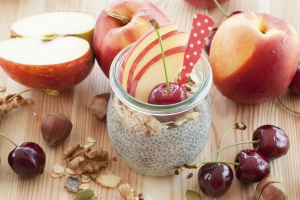 Chia Pudding with fresh fruits in vintage jars