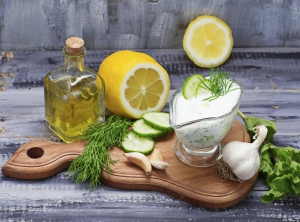 Greek sauce tzatziki and cucumber, mint, dill, garlic, lemon, oil. Selective focus